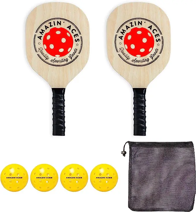 Amazin' Aces Pickleball Wood Paddle Set - USAPA-Approved Pickleball Rackets for All Levels and Ages, 2 Wood Pickleball Paddles, 4 Pickleballs, and 1 Mesh Carry Bag